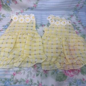 Lot of 2 Matching Yellow Gingham Kitty Cat Dresses Size XS Daisy Trim New No Tag